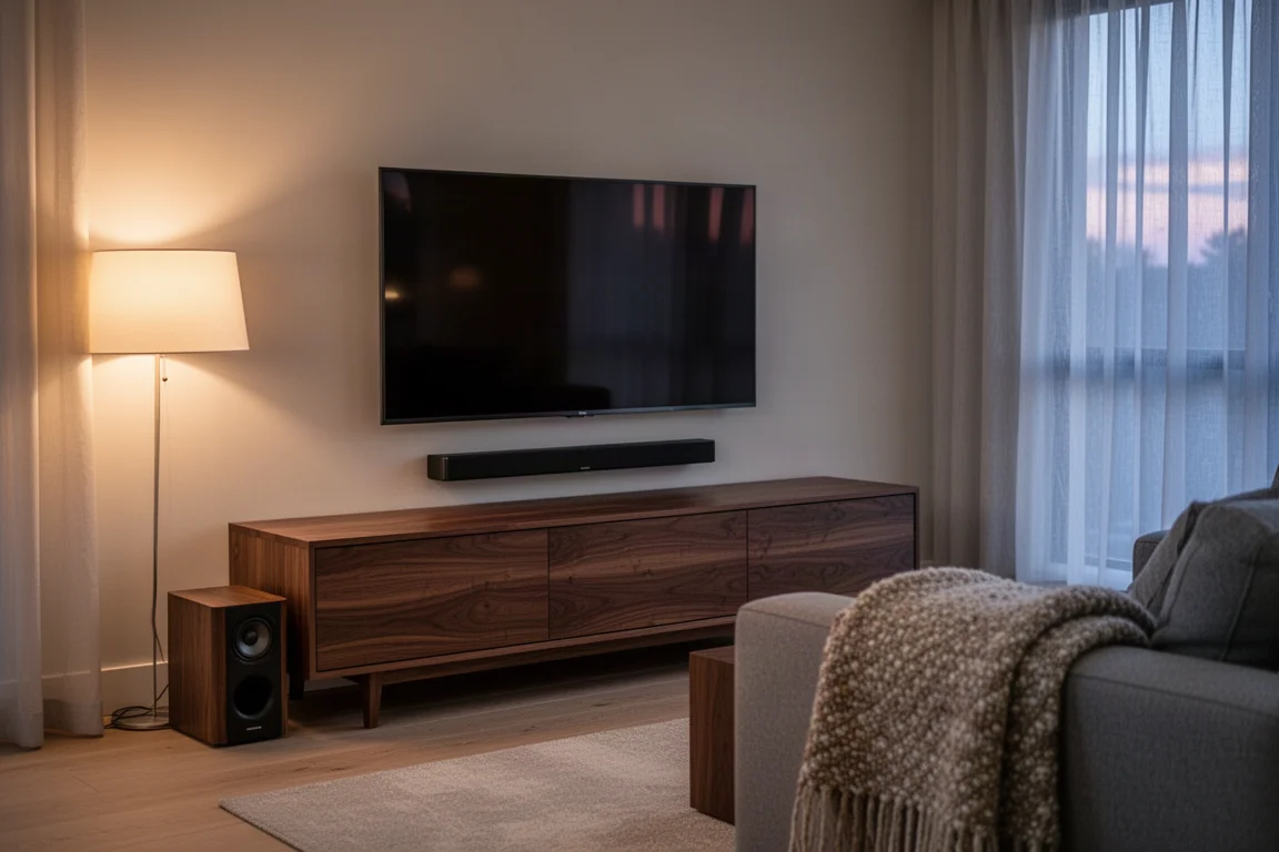 Barre de son compacte et caisson de basses sur un meuble TV bas dans un salon à l'éclairage doux