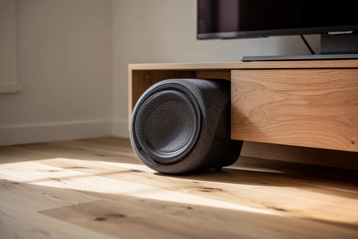 Gros plan sur une télécommande de la taille d'une main sur une table basse à côté d'une barre de son compacte