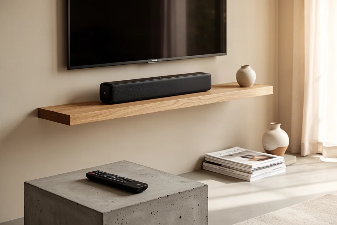 Téléviseur et barre de son dans un petit salon d'appartement la nuit
