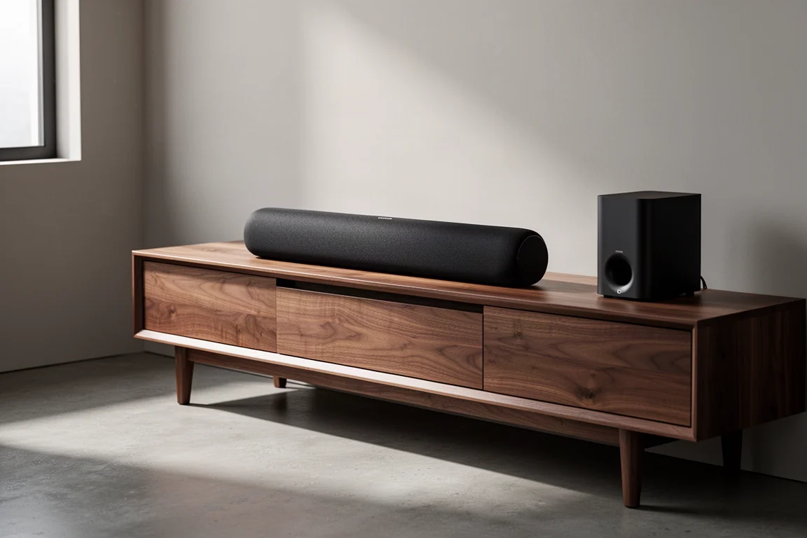 Compact Polk soundbar and subwoofer arranged on a matte concrete surface
