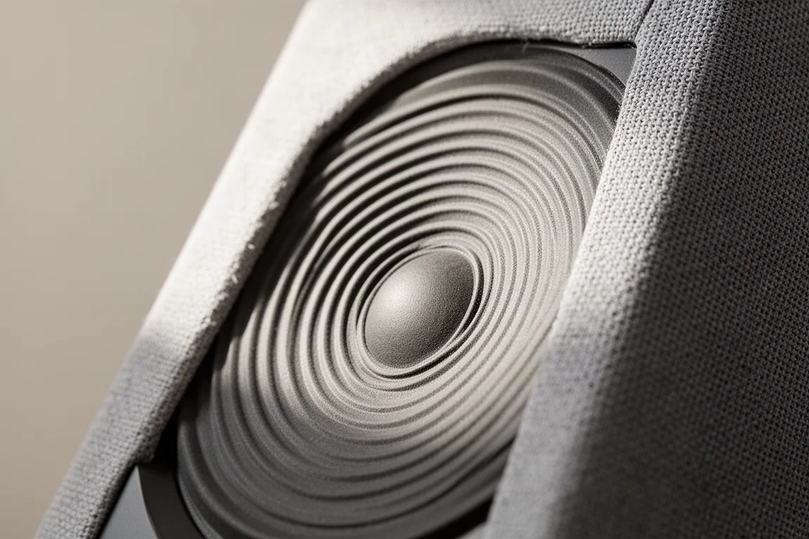 Primo piano di un cono del diffusore con nervature e della texture grigia della griglia in tessuto