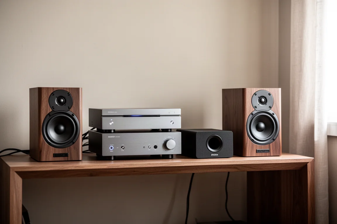 Amplificatore compatto, subwoofer e diffusori da scaffale disposti in un piccolo impianto hi-fi