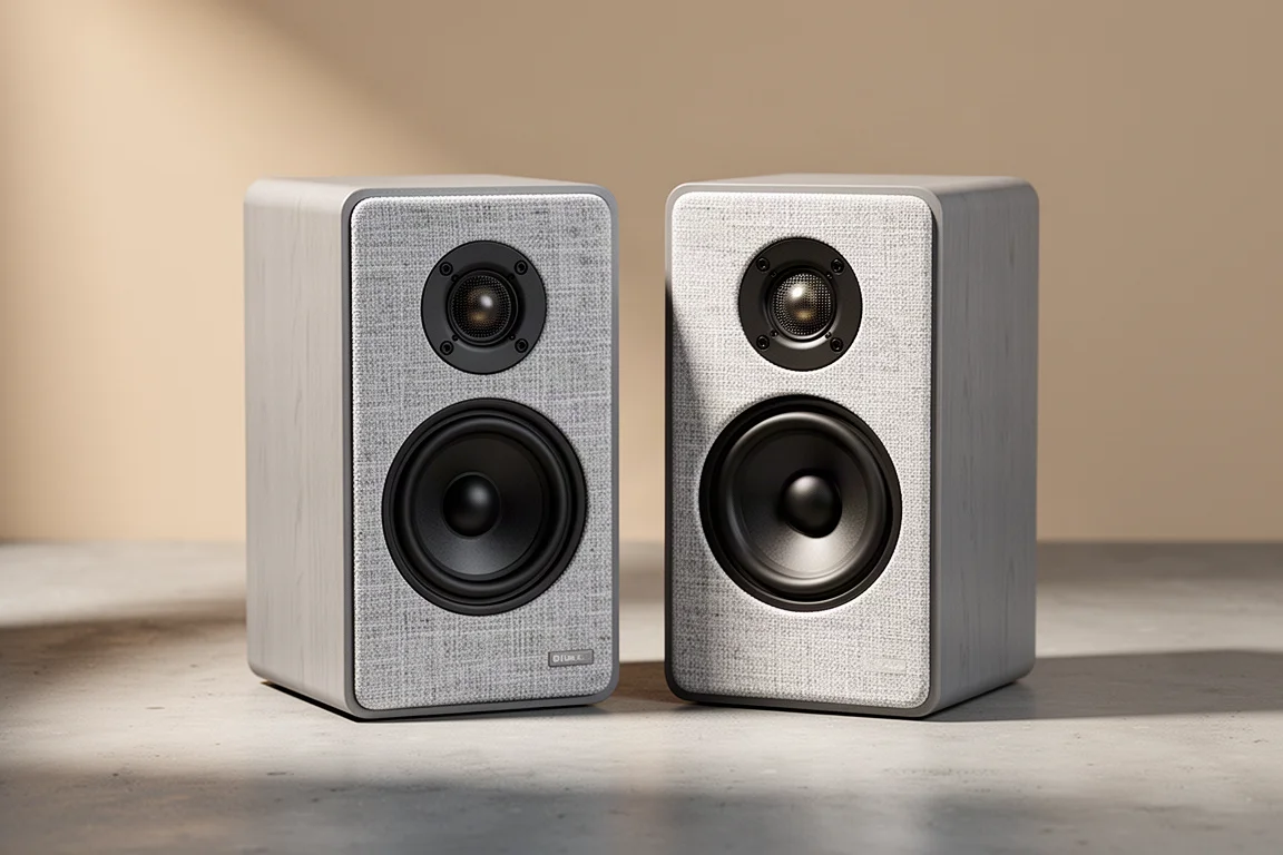 Pair of compact bookshelf speakers with light gray woven cloth grilles on a concrete surface