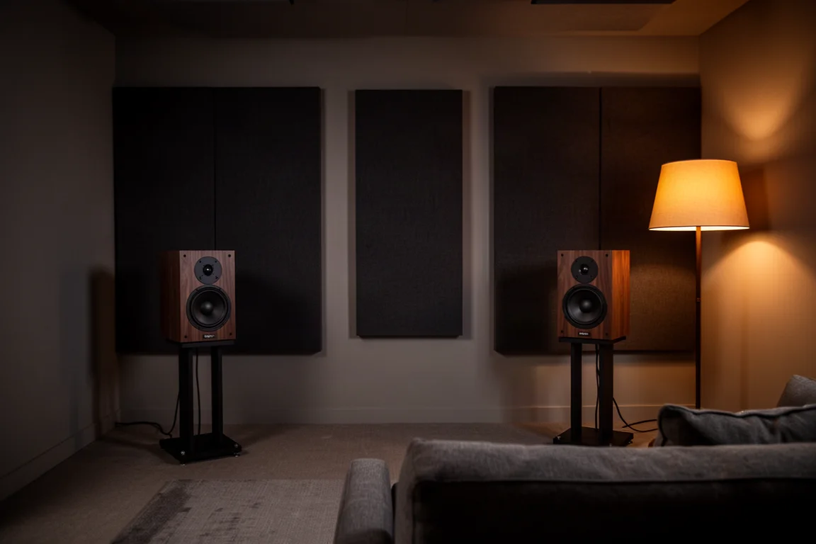 Sala de escucha en penumbra por la noche con altavoces sobre soportes separados de la pared