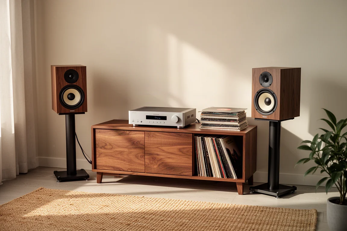 Rincón de alta fidelidad en el salón con altavoces de estantería, amplificador y discos de vinilo