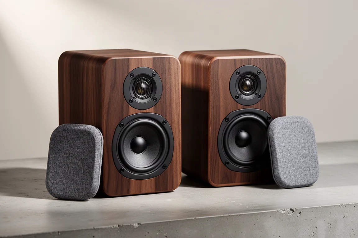 Polk R100 and Polk R200 bookshelf speakers side by side on a concrete surface