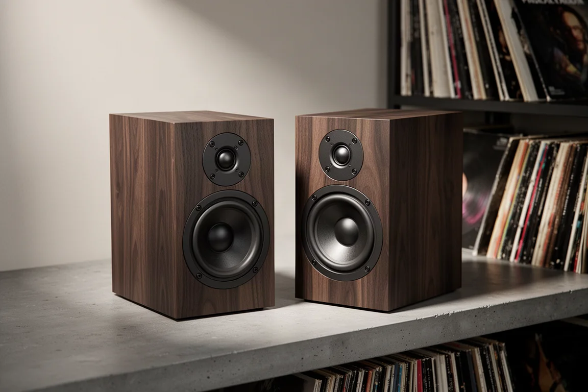 Pair of wood-tone bookshelf speakers with heather gray grille on a concrete surface