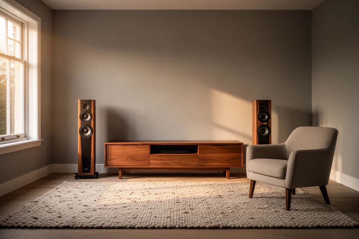 Living room with two slim floorstanding tower speakers either side of a low wooden console