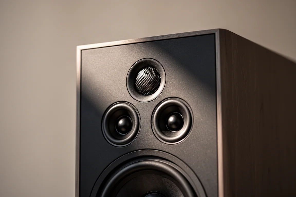 Close-up of a tower speaker baffle with a tweeter and two driver cones in raking light
