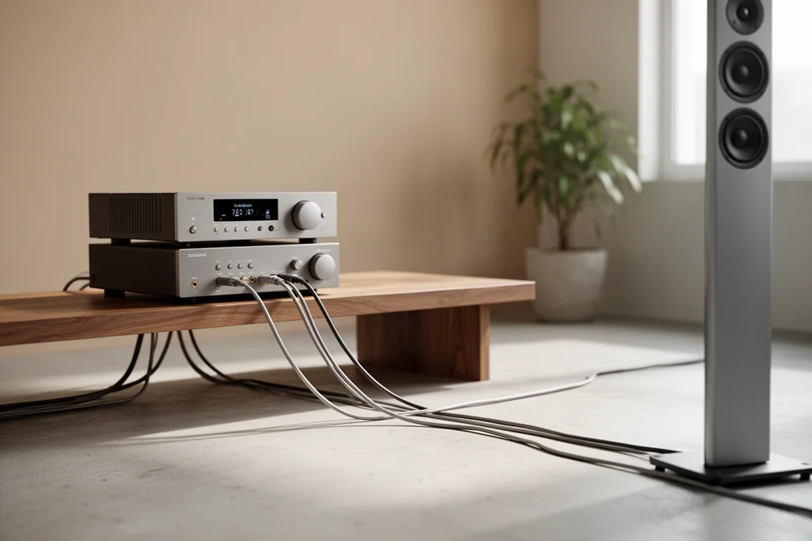 Amplifier on a low shelf with speaker cables running to a floorstanding speaker