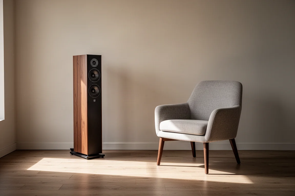 Floorstanding speaker pulled out from a wall and angled toward a listening chair