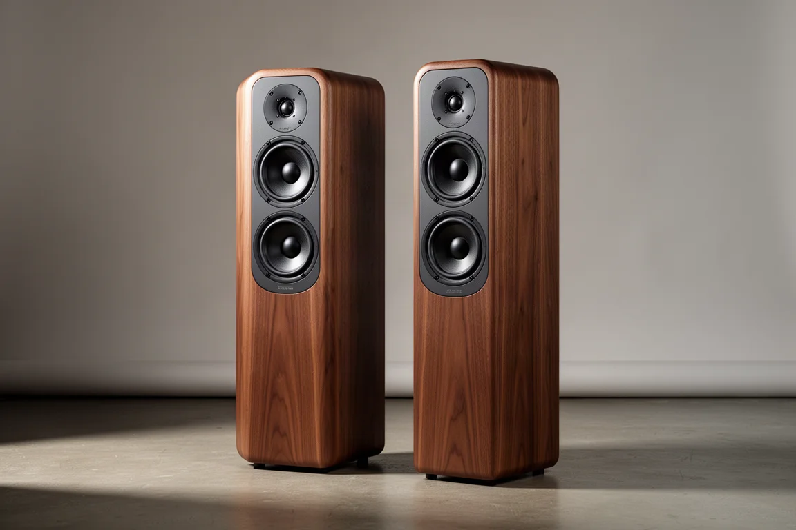 Pair of slim walnut floorstanding tower speakers on a matte concrete floor against a grey backdrop