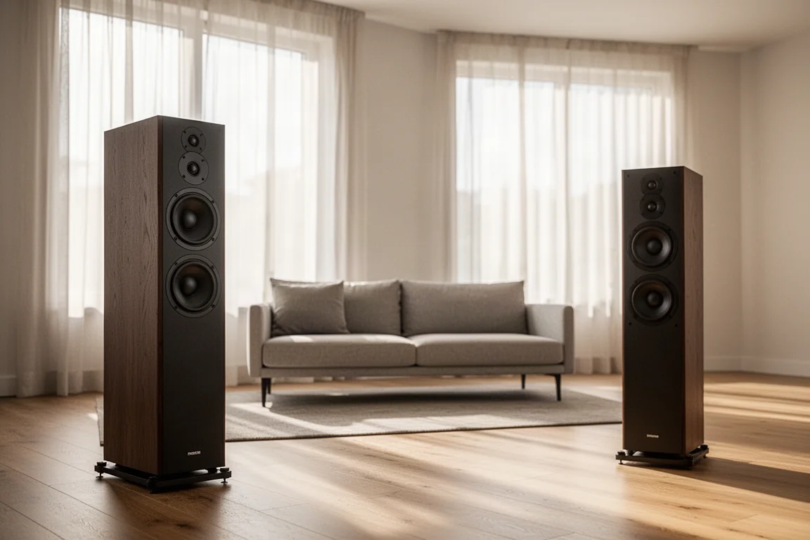 Wohnzimmer-Hör-Setup mit zwei hohen Standlautsprechern, die ein niedriges Sofa flankieren