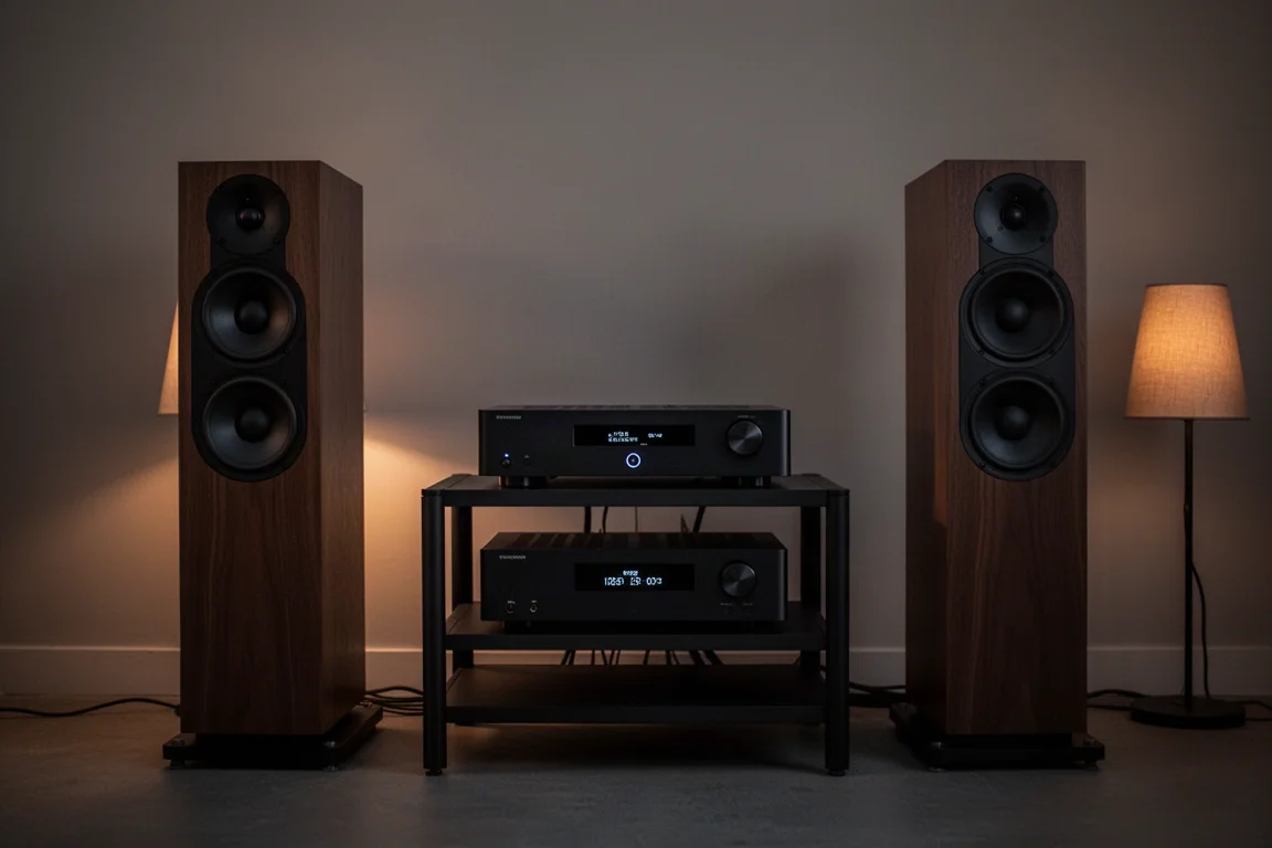 Zwei-Kanal-Hi-Fi-Rack mit integriertem Verstärker zwischen Standlautsprechern in der Abenddämmerung