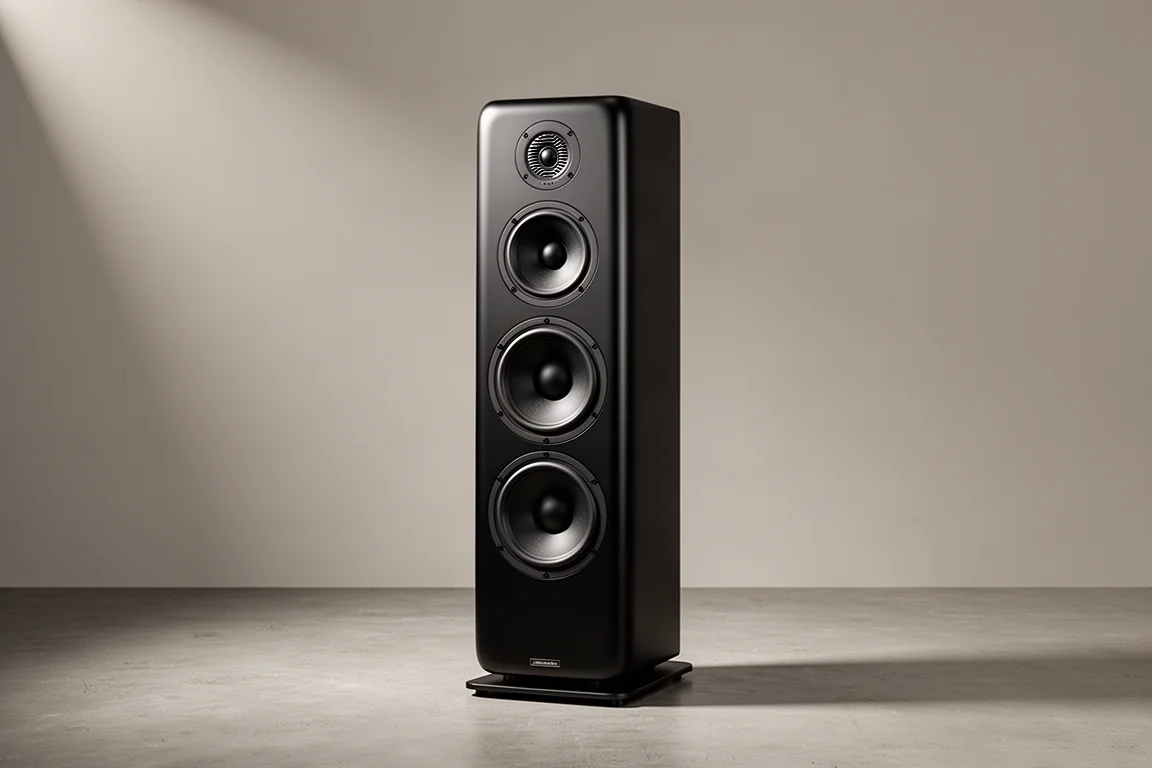 Tall black three-way floorstanding tower speaker on a matte concrete floor against a grey backdrop