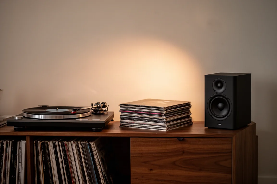 Wohnzimmerecke mit Plattenspieler, Schallplatten und einem mattschwarzen Regallautsprecher im Lampenlicht