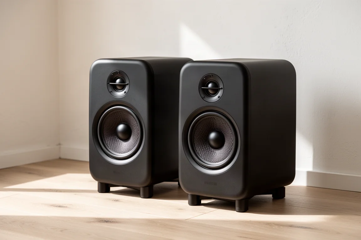 Pair of matte black Polk Reserve R200 bookshelf speakers on stands in a bright minimalist room