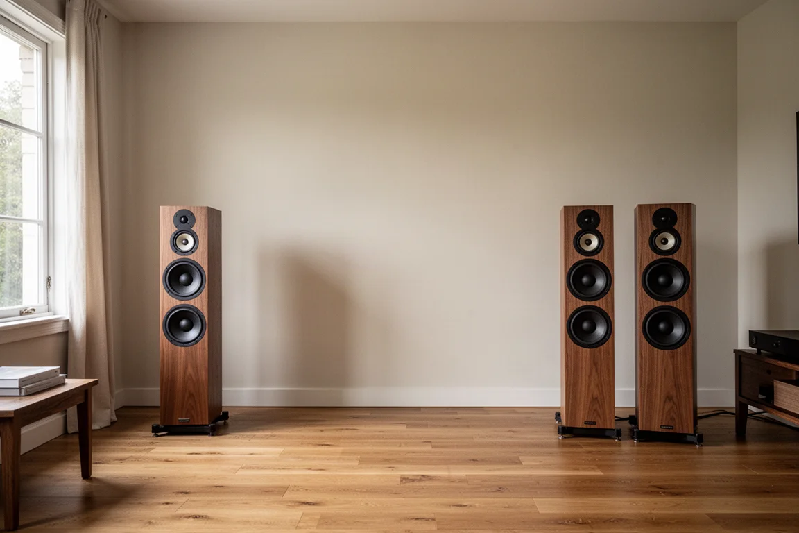 Dos pares de altavoces de torre de suelo dispuestos en una sala de escucha luminosa