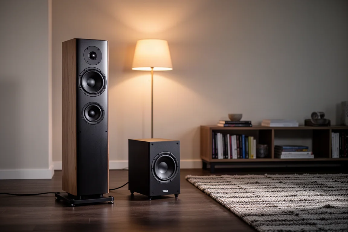 Altavoz de torre y subwoofer compacto en un salón iluminado al anochecer