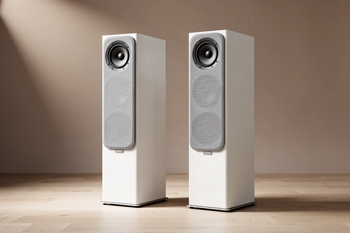 Pair of matte white tower speakers with grey grilles on a pale oak floor