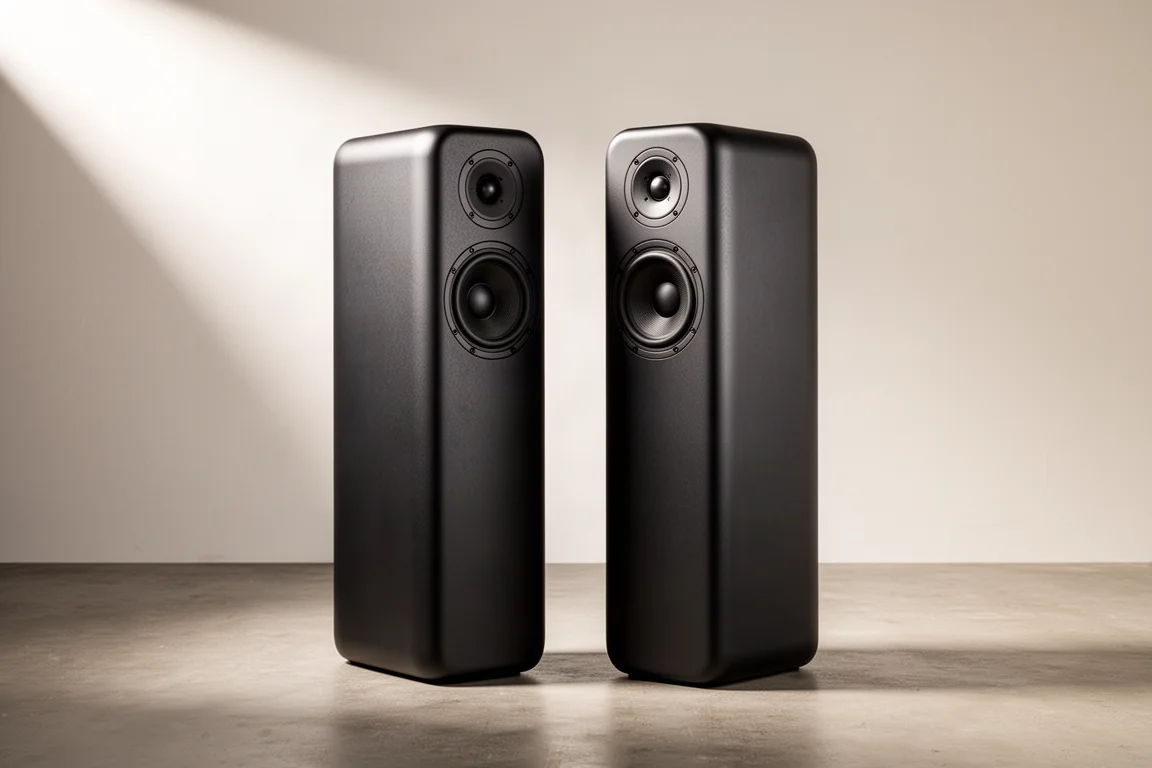 A pair of tall matte black floorstanding speakers on a neutral studio floor