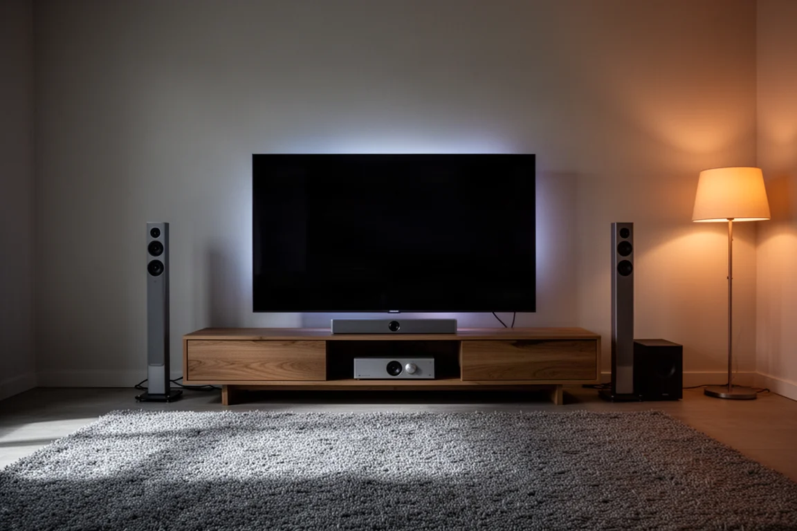Dunkel beleuchtetes Wohnzimmer-Heimkino mit Tower-Lautsprechern und einem leuchtenden Fernseher