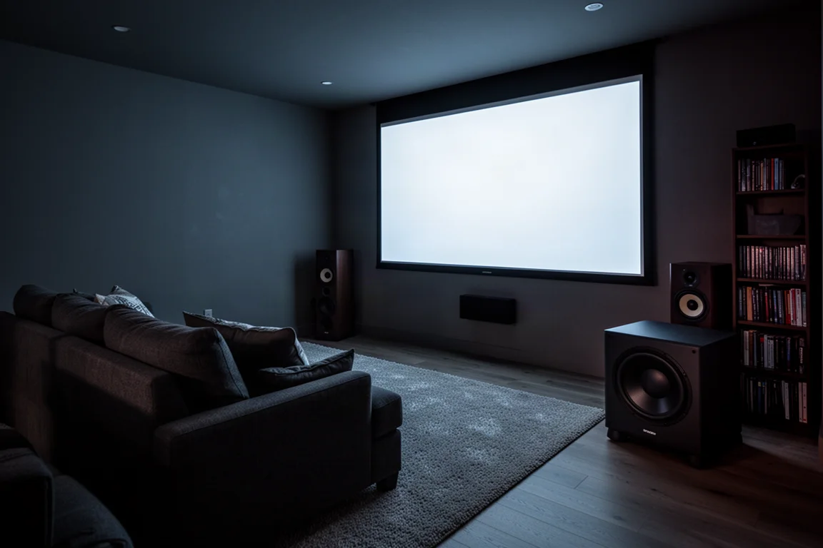 Dunkler Heimkinoraum bei Nacht, beleuchtet von einem leuchtenden Bildschirm, mit einem Subwoofer in der Ecke