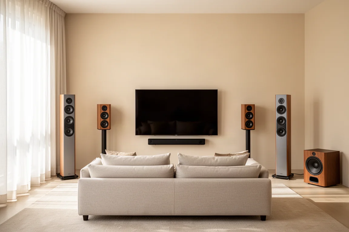 Helles Wohnzimmer mit einer vollständigen Surround-Lautsprecheranordnung um einen Fernseher herum