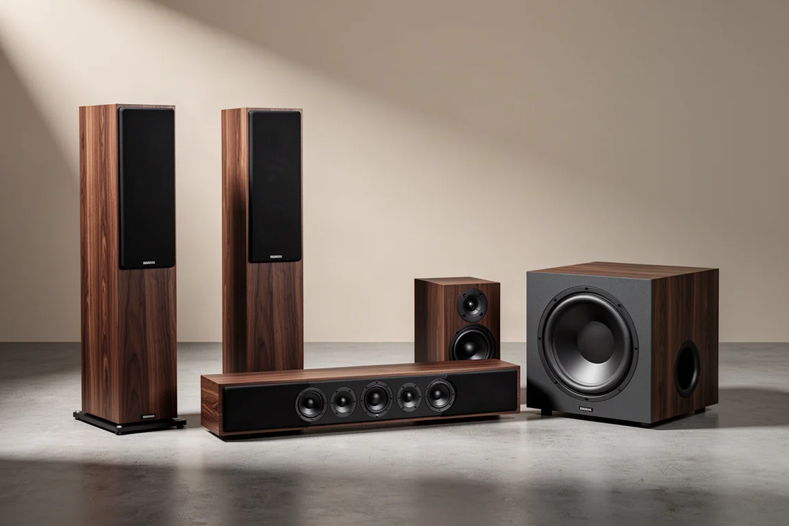 Tower speakers, center channel, bookshelf speaker and subwoofer arranged on a concrete floor