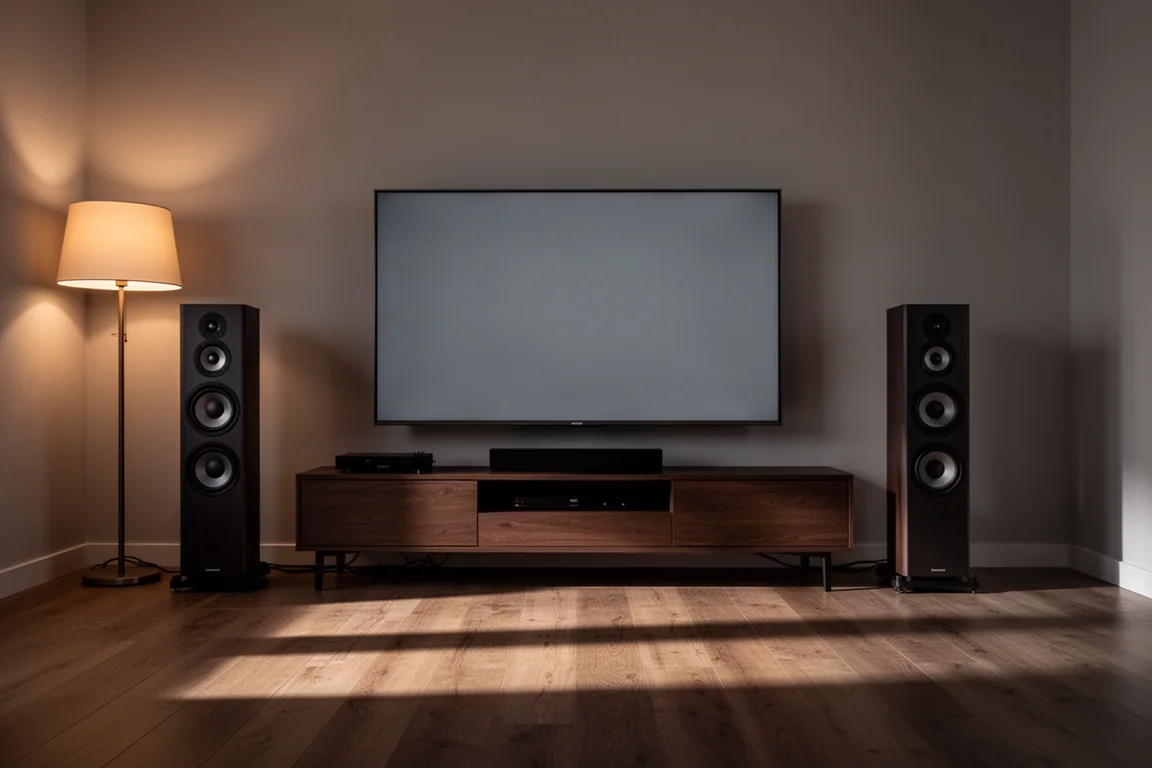 Living room at dusk with two tower speakers flanking a low media console and television