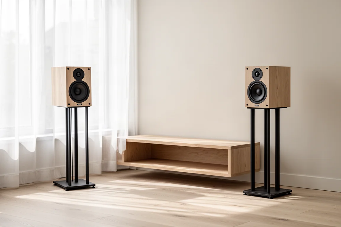 Two compact bookshelf speakers on stands in a bright living room with a large window