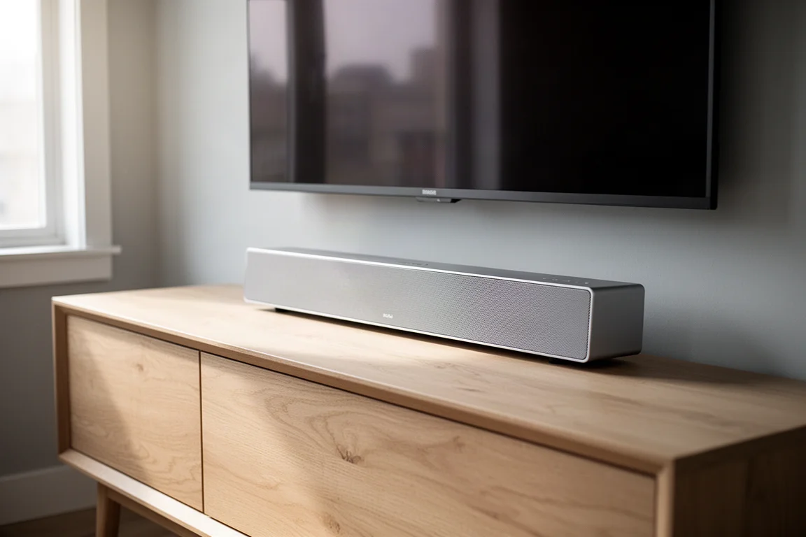 Slim center channel speaker on a media console beneath a wall mounted television