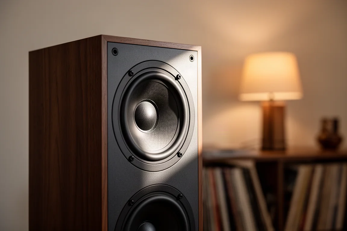 Close detail of a tower speaker driver section in a warm listening room