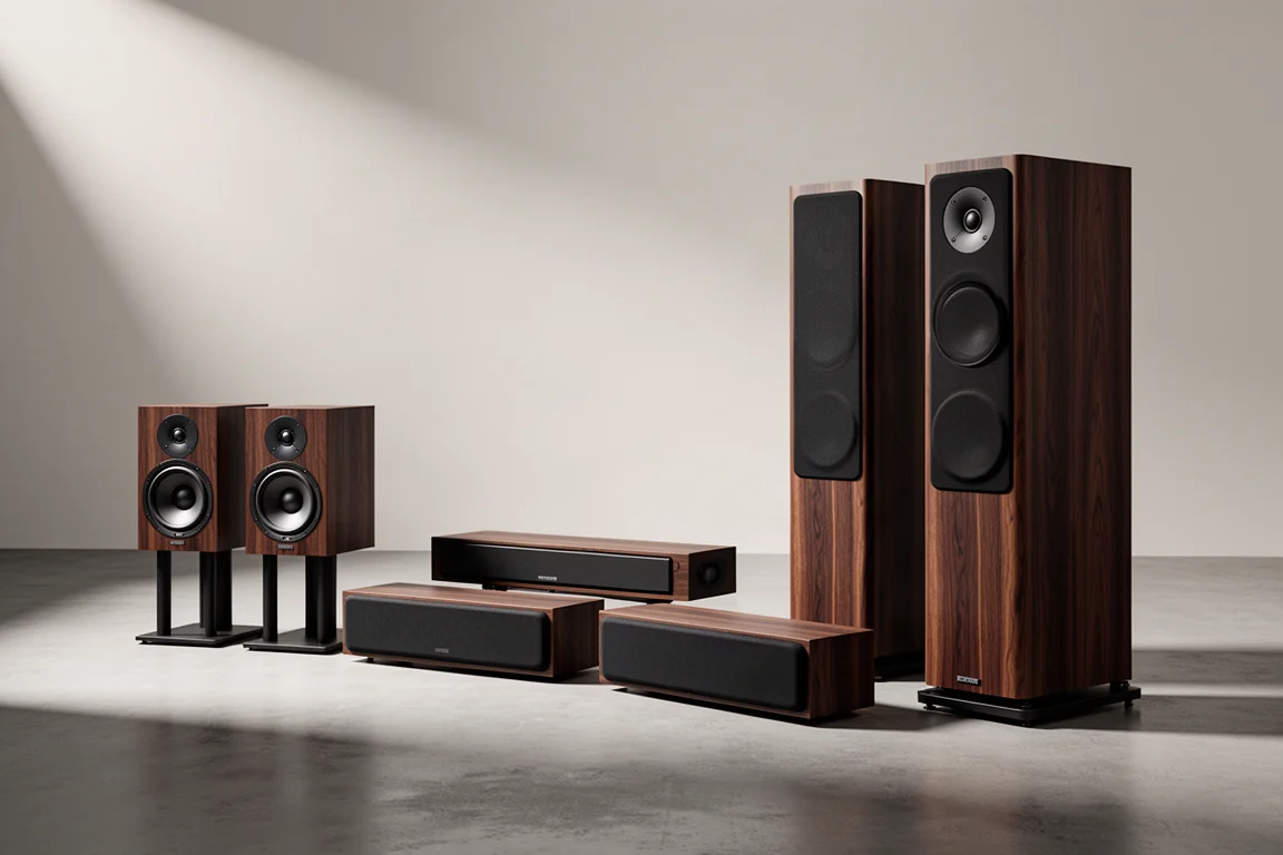Home theater speaker lineup with bookshelf, center channel and tower speakers on concrete floor