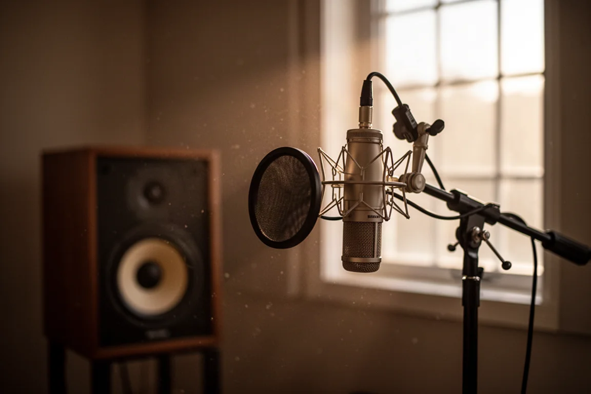 Microphone de studio dans une pièce d'écoute tamisée, lumière chaude et faible profondeur de champ