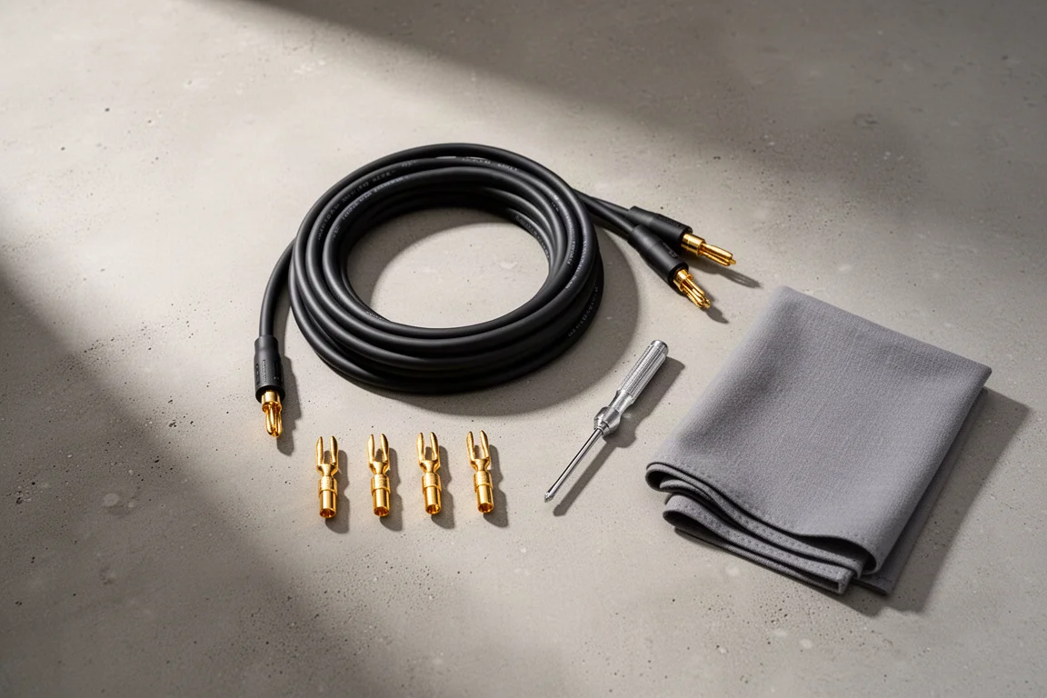 Vue à plat de câble d'enceinte, fiches bananes et outils sur une surface en béton