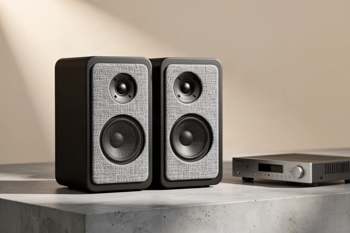 Pair of black bookshelf speakers with heather grey grilles beside a slim stereo amplifier
