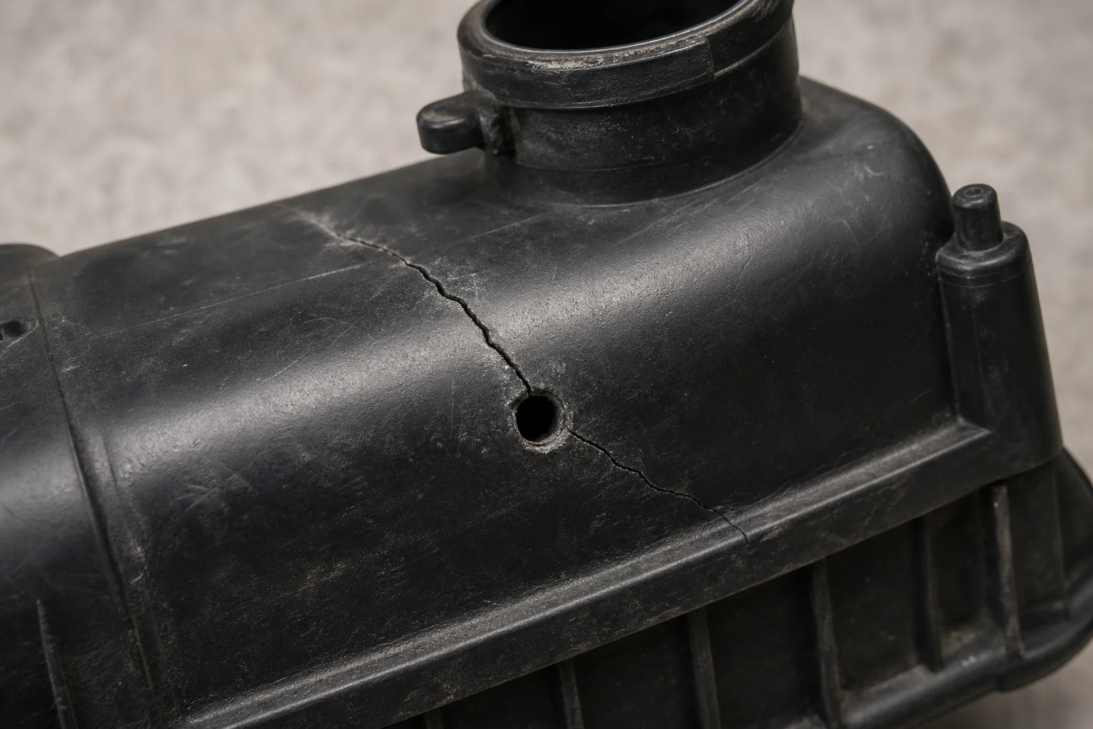 Plastic radiator tank with visible crack and drilled hole damage