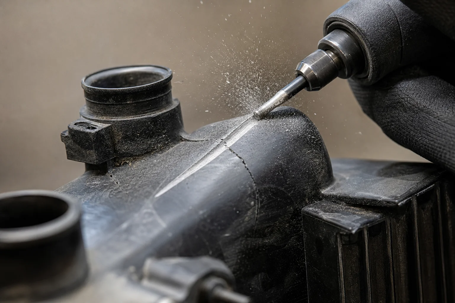 Rotary tool grinding v-groove into plastic radiator tank crack