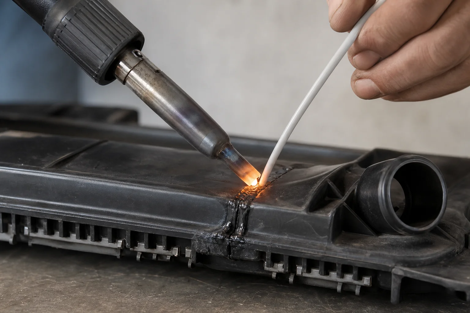Plastic welder melting nylon rod into v-groove radiator repair