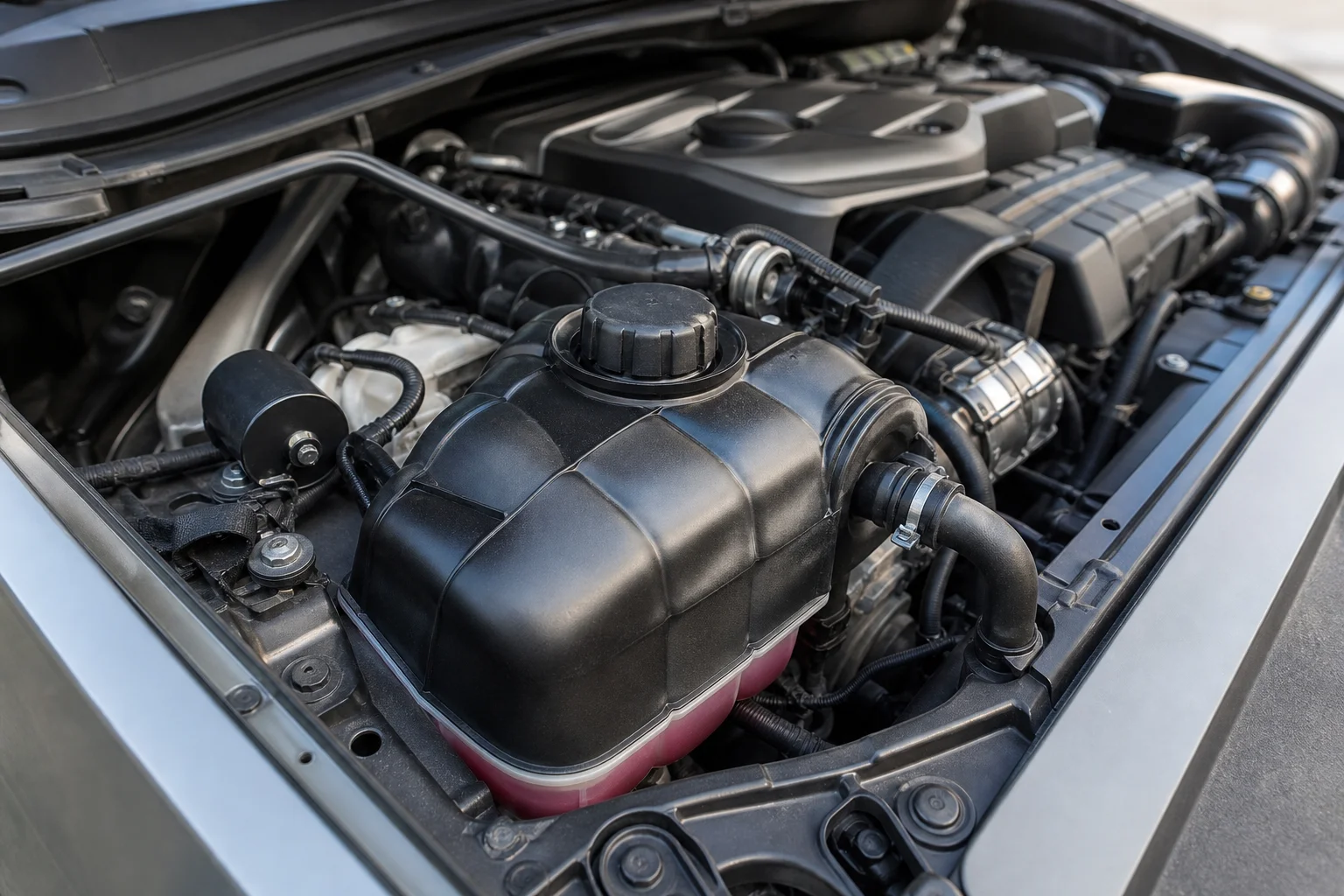 Repaired radiator tank installed in engine bay with no visible leaks