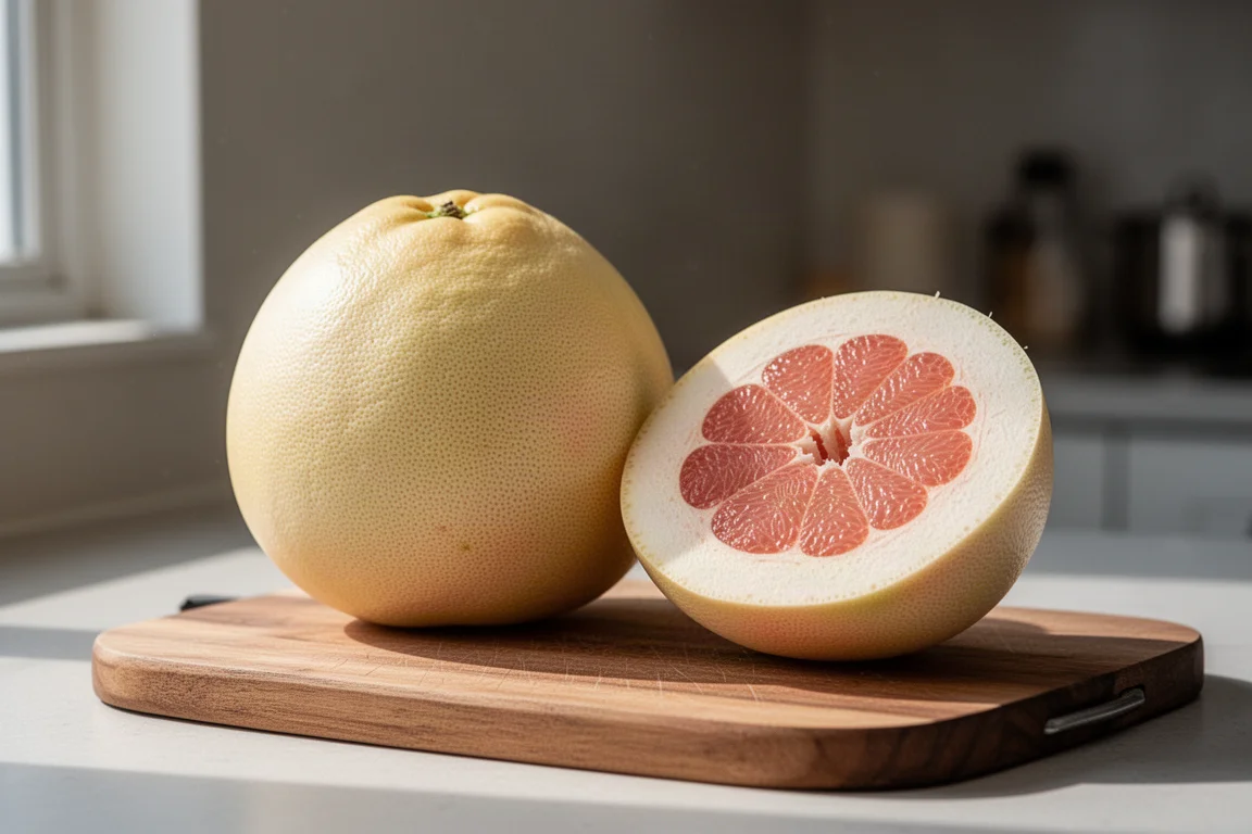 Eine ganze Pomelo und eine halbierte Pomelo auf einem Holzbrett bei weichem Tageslicht