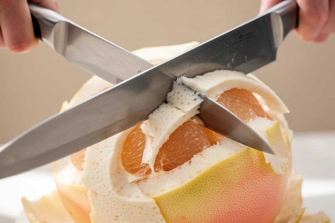 Nahaufnahme einer langen Messerklinge, die die dicke Schale einer Pomelo abzieht