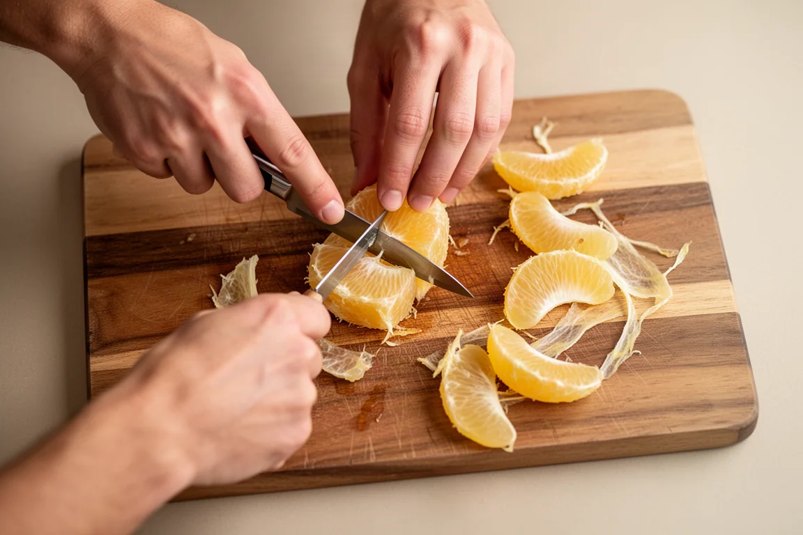 Hände segmentieren mit einem kleinen Petty-Messer eine Zitrusfrucht über einem Schneidebrett
