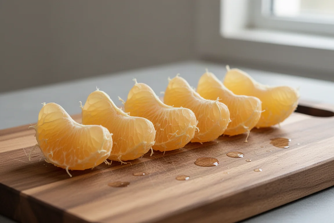 Sauber segmentierte Pomelo-Spalten, auf einem Schneidebrett arrangiert