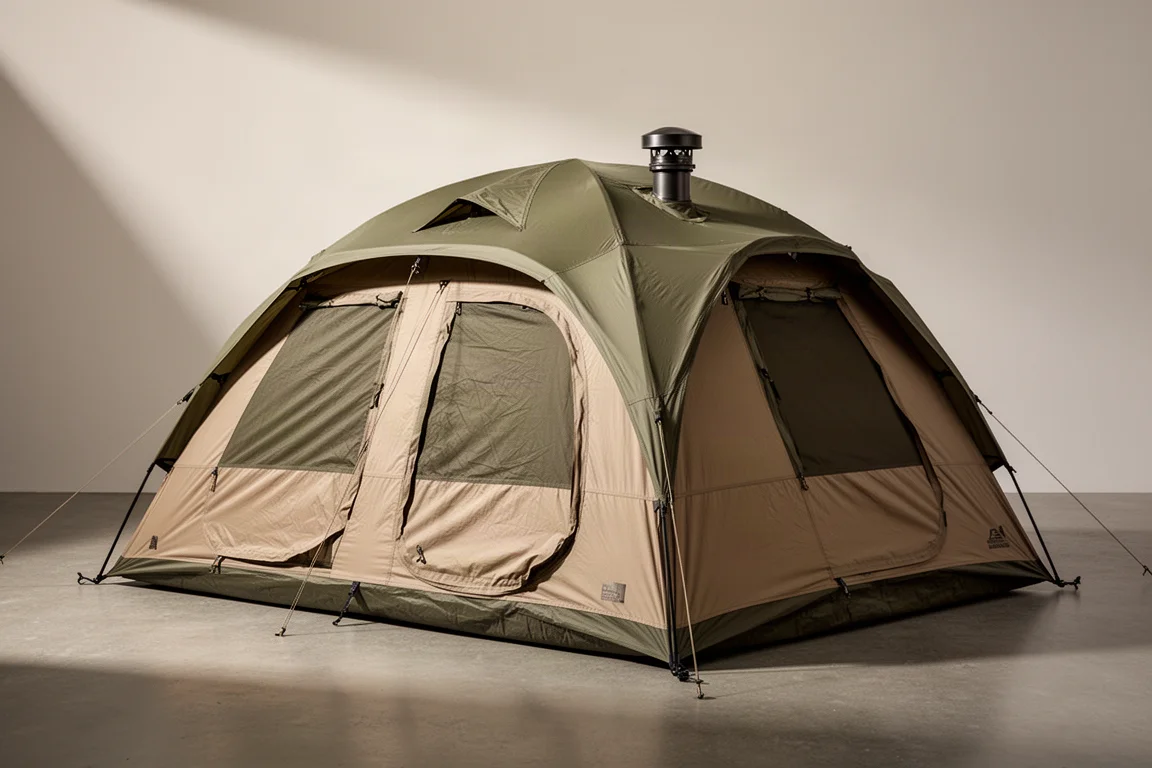 Large six-person dome hot tent pitched on a concrete surface in studio light