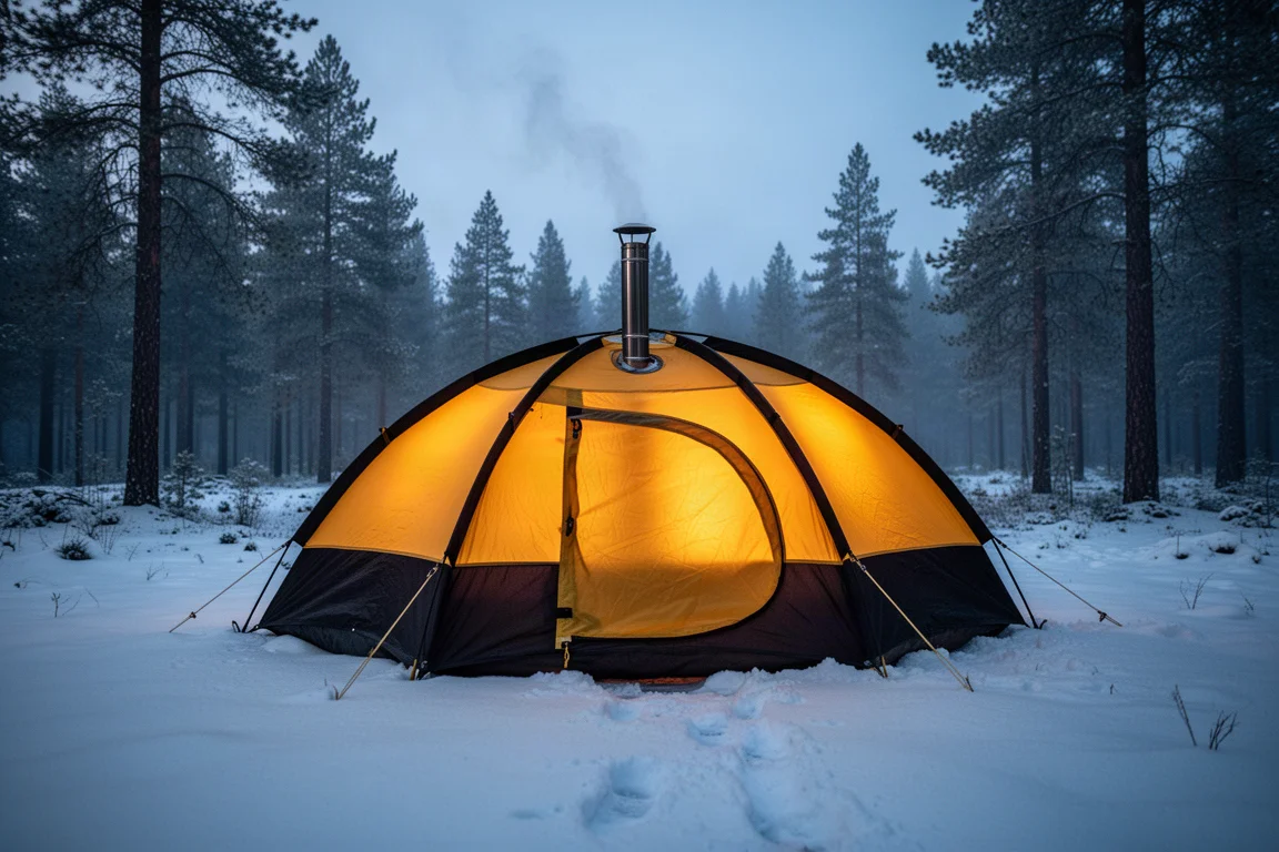 Large yellow and black dome tent glowing from within at dusk in a snowy forest clearing