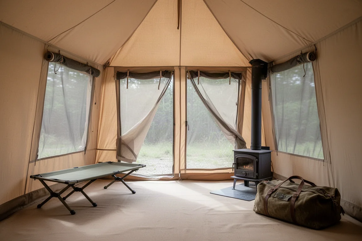 Interior of a spacious tent with three mesh doors open, wood stove, and camp cot