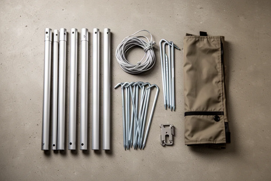 Flat-lay of tent poles, guyline, stakes, and stove jack cover on concrete