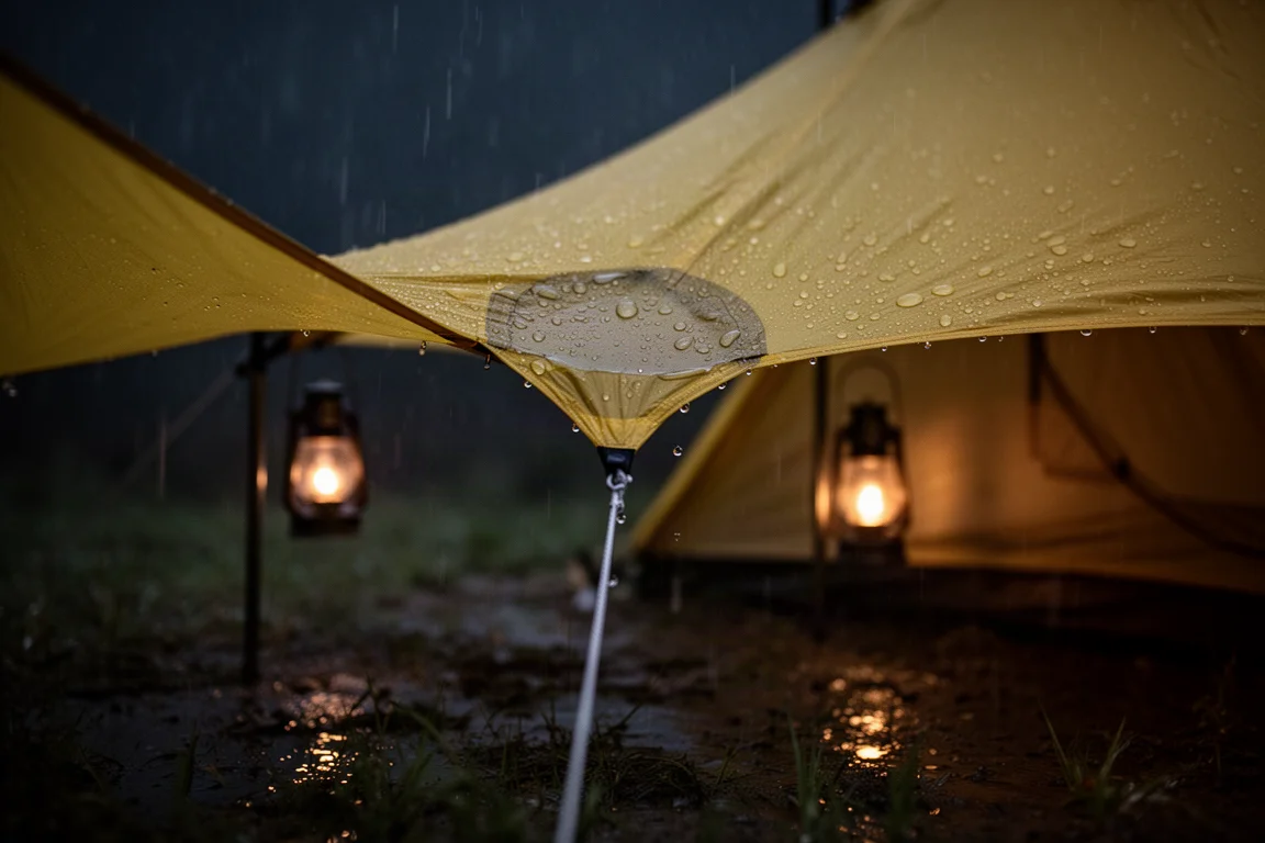 Rain pooling on a taut yellow tent roof at night with warm light glowing through fabric